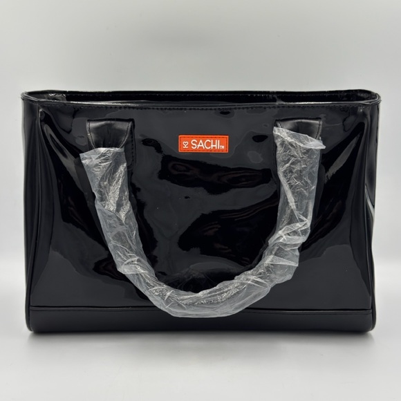 NWOT Sachi Designer Black Patton Leather Handbag Insulated Lunch Box Cooler Bag - Picture 1 of 9